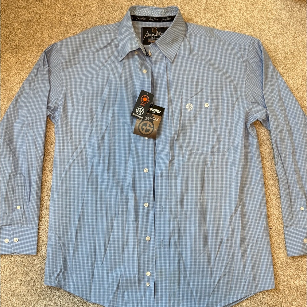 Wrangler Light Blue Micro-Check Long Sleeve Button-Down Shirt, M